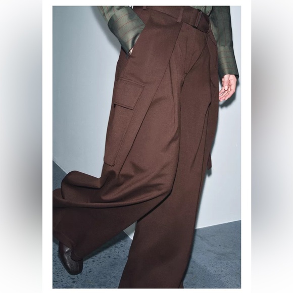 ZARA PLEATED CARGO PANTS ZW COLLECTION LARGE BROWN 4043/266/700 - Picture 13 of 14